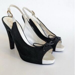 Chanel Heels Pumps Black Two Tone Canvas Open Toe Slingback Sz 39 Sz 8 Women’s